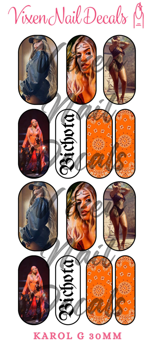 Karol G - Bichota Orange Waterslide Nail Decals - Nail Wraps - Nail Designs - Nail Art