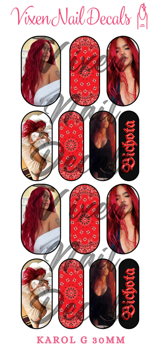 Karol G - Bichota Red Waterslide Nail Decals - Nail Wraps - Nail Designs - Nail Art