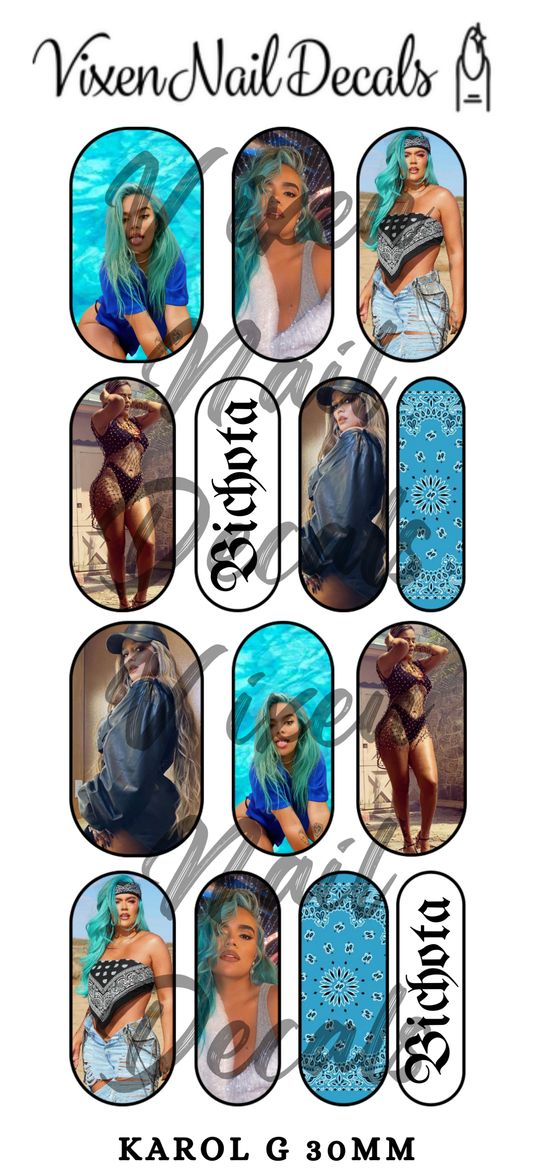 Karol G - Bichota - Blue Waterslide Nail Decals - Nail Wraps - Nail Designs - Nail Art
