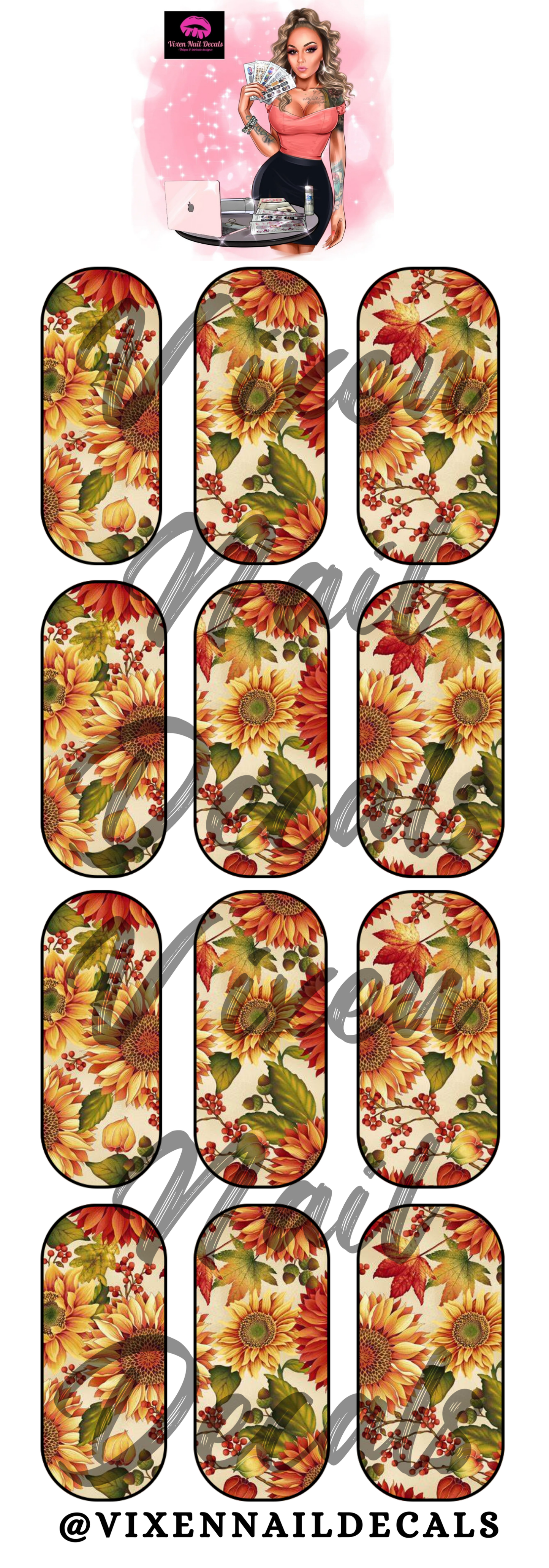 Fall Sunflower Waterslide Nail Decals - Nail Wraps - Nail Designs - Nail Art