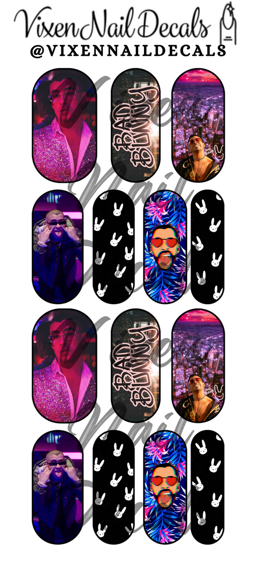 Bad Bunny Waterslide Nail Decals - Nail Wraps - Nail Designs - Nail Art