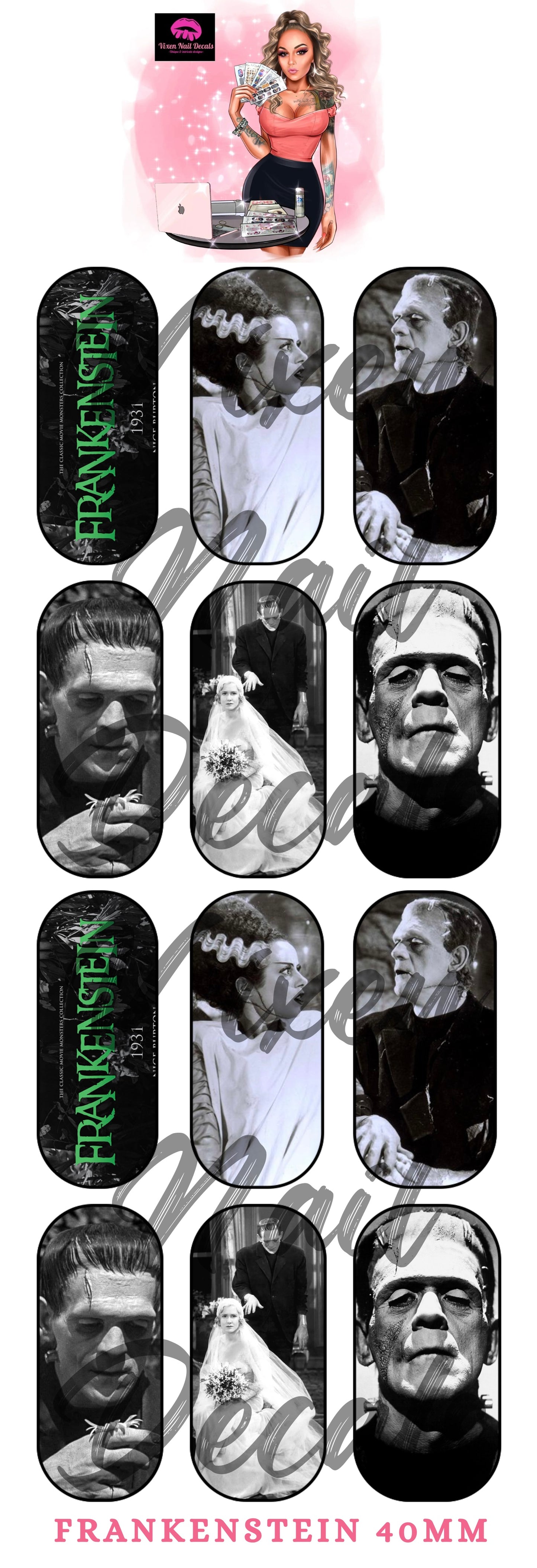 Frankenstein- Bride Of Frankenstein Waterslide Nail Decals - Nail Wraps - Nail Designs - Nail Art